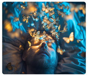 Homme qui rêve. Des papillons s'envolent autour de lui - Hypnose